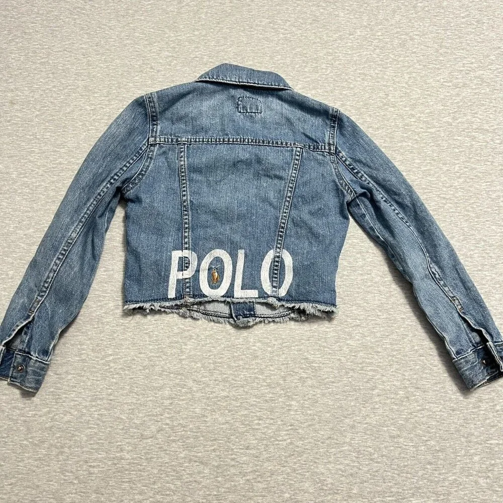 Polo Ralph Lauren‎ Denim Crop Jacket Girls 6X/6 Spellout Small Pony Trucker